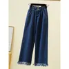 Dżinsy dżinsowe dżinsowe spodni wiosną lato moda High Street Solid Color Talle Bazgnięte Tassel Office Lady szerokie nogi dżinsowe spodnie