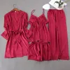 Women Sleep Set Satin Striped 4PCS Pajamas Suit Pijamas Sexy Kimono Bathrobe Gown Home Clothes Lace Patchwork Sleepwear 240308