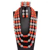 Necklace Earrings Set 2024 Trendy Jewelry Nigerian Wedding Luxury 3 Layers Artificial Coral Beads African For Bride ABG205