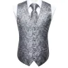 Vests Hittie Silver Grey Paisley Silk Mens Viette de gilet Ensemble Jacquard Wanking Sans mannequin Veste Colde de manchette Hanky