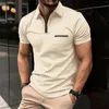 Camisetas masculinas moda primavera e verão casual manga curta zíper lapela cor sólida elastano grosso para homens