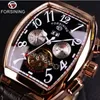 Forsining quadrado design mecânico rosa caso de ouro mostrador branco pulseira de couro marrom relógios masculinos marca superior luxo automático watch283s