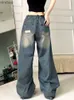 Jeans Femme Jmprs Y2K Vintage noir trou femmes jean Bf taille haute Hip Hop déchiré ample jambe large pantalon coréen droit Denim pantalon NewC24318