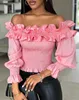 Women's T Shirts Top Women Spring Fashion Frill Hem Shirred Off Shoulder Casual Plain Long Sleeve Skinny Daily Bell Y2K Clothes