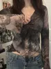Koszulki damskie Rockmore Vintage Mesh Print T-shirt Women Y2K Flare Long Rleeves Casual V Neck Top Tee Coquette Grunge Fairycore 2024