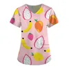 Frauen T Shirts Obst Plus Größe V-ausschnitt Tops Taschen Frauen Arbeits Uniform Orange Banana Wear Print Femme Bluse Uniformen