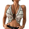 Women's Swimwear Women Bikini Tops Contrast Color Sleeveless Bandage Backless Knit Crochet Butterfly Swimsuits Beachwear Y2k