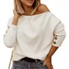 Damesblouses Eén schouder Lady Shirt Lange mouw Knopen Decor Damesblouse Elegante zachte truien Tops Los casual lente