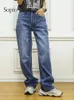 Damenjeans, gewaschene Hose mit Schnittkanten, hohe Taille, blau, gerades Bein, Denim, modische Retro-Straßenfrauenkleidung