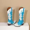 Buty Western Cowboy Knee High Boots Women Blue Red Kolor Kolor Floral Fretwork Nit Winter Winted Stope High Heels Cowgirl Długie buty