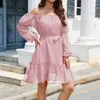 Casual Dresses Summer For Women 2024 Womens Fashion Elastic One Line Neck Dot Print Dress Long Sleeved Off Shoulder Chiffon