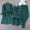 Women Sleep Set Satin Striped 4PCS Pajamas Suit Pijamas Sexy Kimono Bathrobe Gown Home Clothes Lace Patchwork Sleepwear 240308