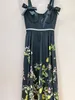 Robe midi en coton noir, marque de mode européenne, imprimé floral, taille froncée, slip