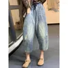 Dżinsy damskie 2024 Spring Summer Arts Style Kobiet Elastyczna talia Vintage Hole luźna całkowicie dopasowana bawełniana bawełniana dżinsowe spodnie harem