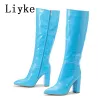 Buty Liyke Spring Autumn Motorcycle Kobiety Wskazany palec u stóp zapinany na kolana wysokie buty moda różowy wąż nadruk kwadratowe obcasy imprezowe poby