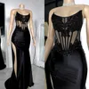 Stunning black mermaid prom dress for black women beads appliques evening dresses elegant strapless dresses for special occasions split illusion robe de soiree