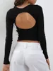 Damen-T-Shirts, langärmelige Crop-Tops für Damen, Herbst, lässig, gerippt, schmale Passform, einfarbig, Rundhalsausschnitt, Ausschnitt hinten, T-Shirt Basic