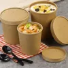 Vaisselle Est jetable bol en papier Kraft 500ml salade ronde Dessert Snack crème glacée à emporter tasse d'emballage avec couvercles 10 pièces/lot