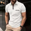 Camisetas masculinas moda primavera e verão casual manga curta zíper lapela cor sólida elastano grosso para homens