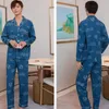 Men's Sleepwear Spring Cotton Silk Pajamas Men Loose Pyjamas Large Size Cartoon Nightdress Casual Thin Simple Long Sleeved Home Wear