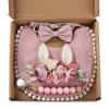 4Pcs/Set Flower Print Baby Bib Headband Elastic Nylon Hair Band Food Grade Silicone Beads Pacifier Clip Chain Christmas Gift Box 240315