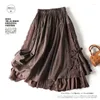 Skirts Vintage Chic Embroidery Linen Cotton Long Women Summer Elastic High Waist Pleated Maxi Skirt Female Elegant A-Line