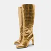 Stiefel Marke Frauenstiefel Gold Silber Stiefel Dicke Ferse Square Head Fashion Sexy Frauen über Kniestiefeln Krokodilmuster Ärmelschuhe