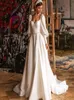 Abiti da sposa modesti in raso con maniche lunghe e linea A con tasche Sweetheart Backless Sweep Train Vestido de Noiva Abiti da sposa YD