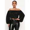 Blusas de mujer Manga larga de linterna Glitter Camisas de mujer Sexy Slash Neck Lentejuelas Blusa de moda Negro Elegante Fiesta Clubwear Tops femeninos