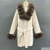 Cappotto da donna in misto lana Janefur vera pelliccia oversize 2023 moda lusso bianco con cintura lunga in cashmere con naturale 231116 Drop Delivery Ap Ot8Dc