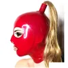 Pyjamas sexy Y Lingerie exotique Cagoules en latex rouge faites à la main avec perruque blonde Tress Ponytail Cekc Club Wear Costumes fétiches Costomize Taille XS Dhbkr