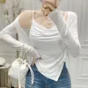 Work Dresses Elegant Two Piece Tops Set Women Irregular Design Sense Pleat Sling Thin Cardigan Slim Fit All-Matching Fashion Suit 2024