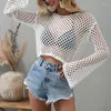 T-shirts pour femmes Crochet Knit Crop Tops Femmes Bikini Cover-ups Manches longues Col rond Pull tricoté Casual Hollow Out Smocks 5 couleurs