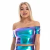 Tops Summer Sexy Slash Neck Off Shoulder Metallic Crop Top Glitter Holographic Tank Top Short Vest Women Rave Festival Clubwear