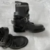 Boots Black Matte Leather Belt Metal Strap Boots Rock Punk Style Lace Up Motorcycle Boots Round Toe Lace Surround Casual Boots