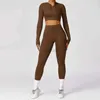 Damen-Trainingsanzüge, 2-teilig, nahtloses Set, Gymnastikkleidung, Sportbekleidung, Damen-Trainingsanzug, Fitness, langärmelig, bauchfreies Top, Sport-BH, Gym-Leggings 24318