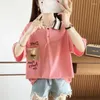 Kvinnors T-skjortor Koreanska brevtryck T-shirts harajuku 2024 Summer Cotton Loose Shirt Kort ärm Turn-Down Collar Young Girl Y2K Tops