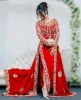 Algerije Karakou Kaftan Rode Avondjurken Gouden Kant Applicaties Lange Mouwen Elegant Arabisch Dubai Prom Feestjurk Vestido De Novia Celebrity Wear voor Dames