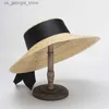 Wide Brim Hats Bucket Hats European and American style wide bow tie with flat top large Brim Str hat sun protection large natural wheat Str hat Y240319