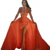 Arabic Orange Mermaid Evening Dresses Crystal Beading V Neck Sleeveless Party Gowns Red Carpet Fashion Prom Dress vestidos