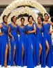 Королевские синие платья подружки невесты с разрезом спереди Кружевные аппликации Африканское платье подружки невесты Черное платье для девочек длиной до пола Свадебное платье для гостей6131159