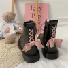 Boots Shoes Women Pink Bow Boots Woman Student Short Boots British Style Thick Bottom Plus Velvet Allmatch Single Boots