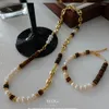 Link Bracelets Tiger Eye Stone Real Pearl Beaded Necklace Stainless Steel Necklaces For Women Minimalist Elegant Vintage Winter Maillard