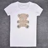 Camisetas para mujer, camisetas de manga corta con estampado de oso y diamantes de imitación para mujer, camisetas con cuello redondo, ropa de calle femenina informal 2024