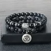 Strand Classic Buddha Natural Stone Bead Armband Set Aum Pendant Shiny Black Lava Distance Elastic Bangle Chain Pulsera Prayer Smycken