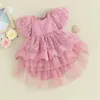 Robes de fille né bébé robe à fleurs brodé manches bouffantes Tulle Tutu formelle fête de mariage Pageant robe de bal