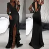 Elegantes schwarzes Mesh-Pailletten-langes Kleid für Damen mit tiefem V-Ausschnitt, Wickel-Hüfte, geteilt, hohe Taille, weibliche unregelmäßige Rüschen, Abendparty-Kleid 240309