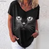 Dames T-shirt Mode Vrouw Blouses 2022 T-shirt Dames 3d Kattenprint Zwart Kaii V-hals T-shirt Vrouwelijke Kleding Oversized Zomer Tops TeesC24319