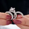 럭셔리 공주 절단 시뮬레이션 다이아몬드 반지 세트 3-in-1 약혼 웨딩 반지 여성 14K 화이트 골드 도금 보석