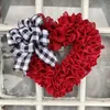 Decorative Flowers Red Heart Shaped Wreath 5.7in Plaid Bowknot Front Door Artificial Garland For Home Farmhouse Decoration